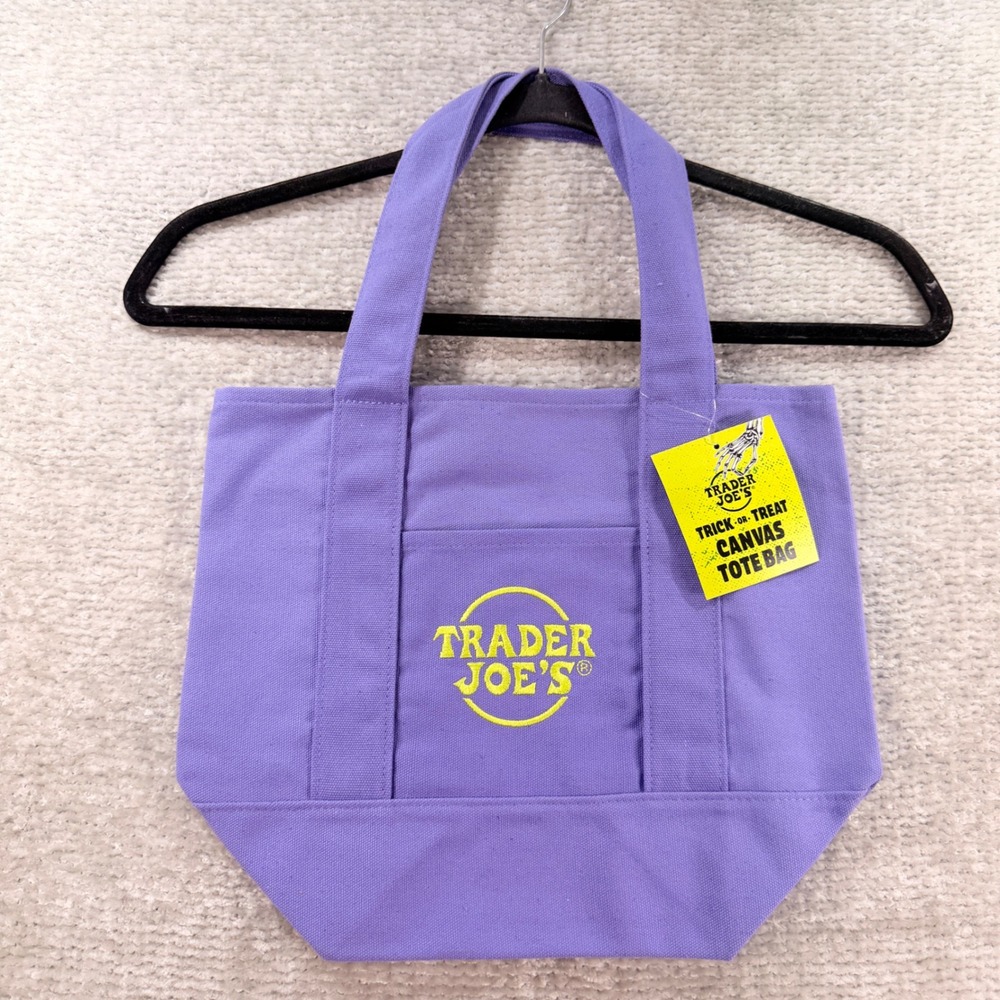 Trader Joe's Mini Tote Trick-or-Treat Canvas Purple Yellow Halloween Bag NWT